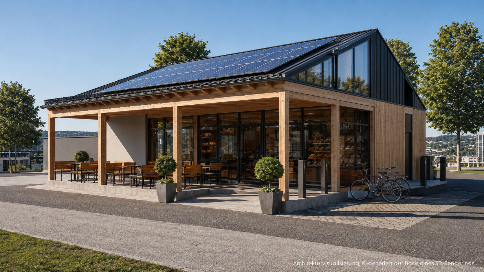 Beispielbild einer Bäckereifiliale als modulares Holzgebäude