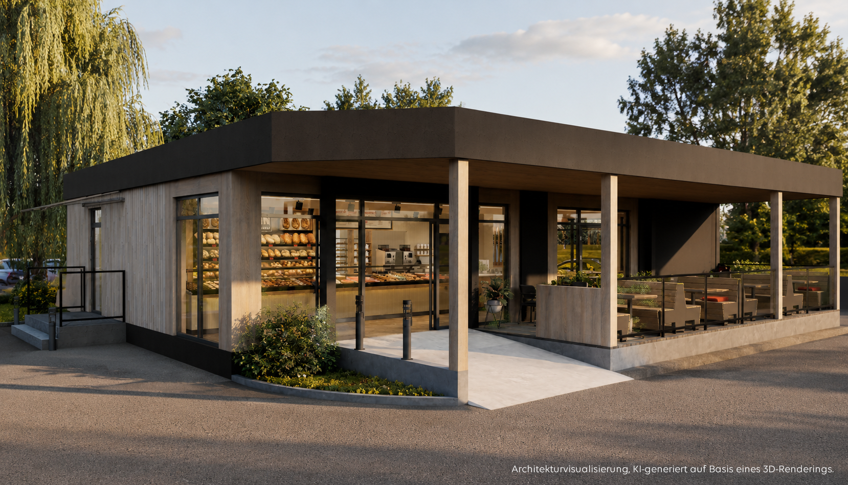 Beispielbild einer Bäckereifiliale als modulares Holzgebäude